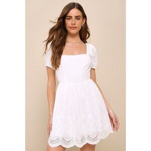 Lulus More Than Sweet White Eyelet Embroidered Puff Sleeve Mini Dress - Size XL